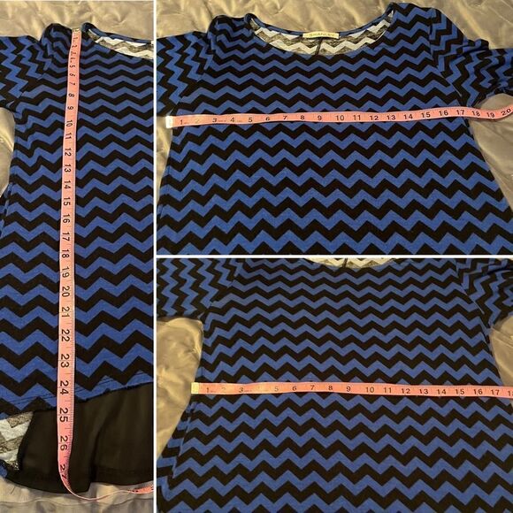 Shanley Chevron Mesh Back Casual Long Sleeve Top Hi Lo Hem Royal Blue Black M - Picture 12 of 12